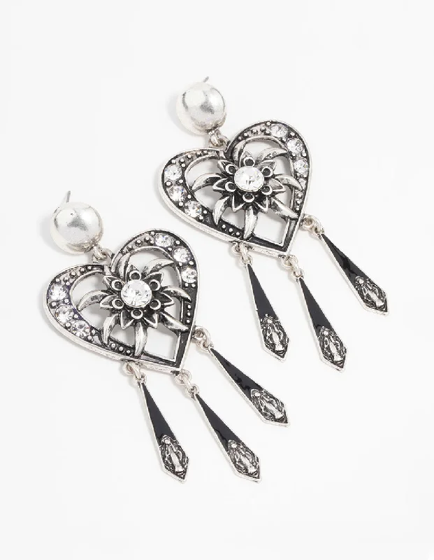 Tiny dot earrings-Antique Silver Heart Drop Earrings