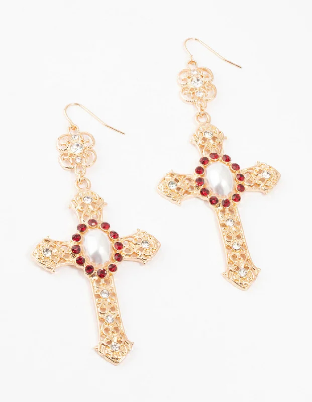 Light clay earrings-Gold  & Red Pearl Large Cross Drop Earrings