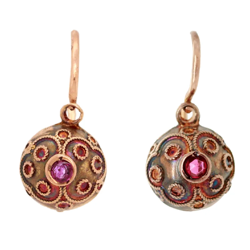 Retro clip earrings-Antique Art Nouveau Ruby Ornate Sphere Drop Earrings - 14k Rose Gold