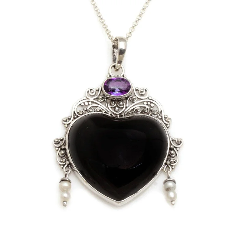 Surf wave necklaces-NOVICA Love Like Midnight, Amethyst and cultured pearl pendant necklace