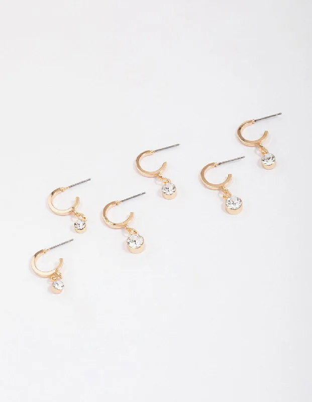 Sleek drop earrings-Gold Graduating Diamante Drop Huggie Earring 3-Pack