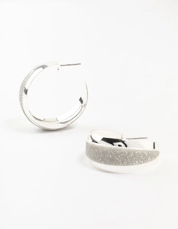 Topaz earrings-Silver Wide Pointed Glitter Hoop Earrings