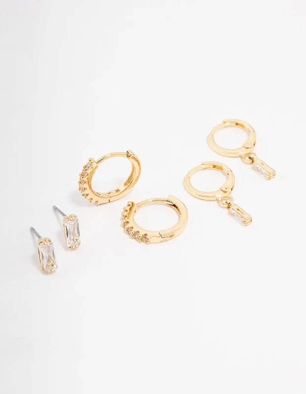 Topaz stud earrings-Gold Plated Brass Baguette Stud & Huggie Earring 3-Pack