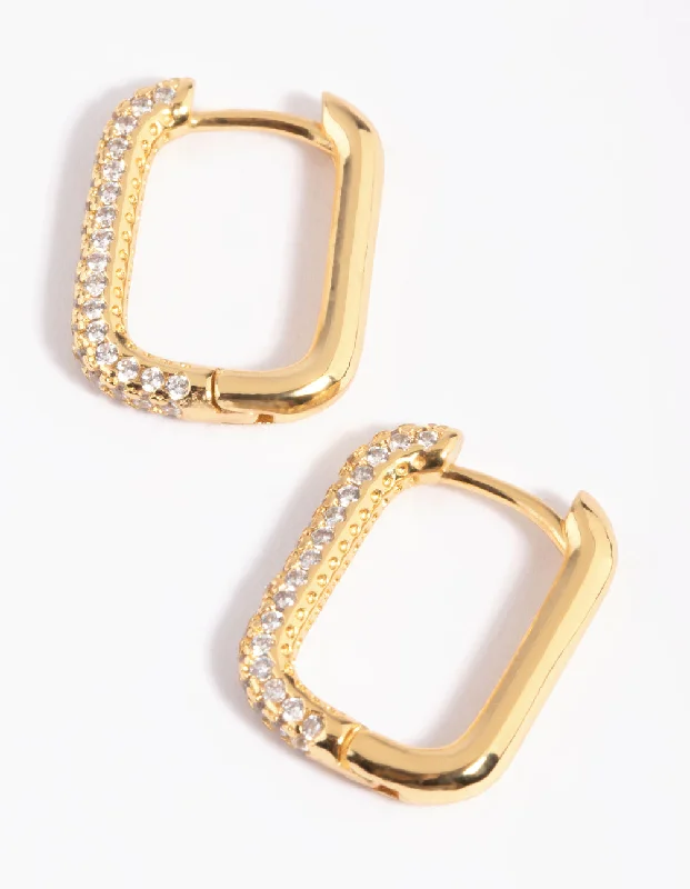 Topaz earrings-Gold Plated Brass Cubic Zirconia Rectangular Hoop Earrings