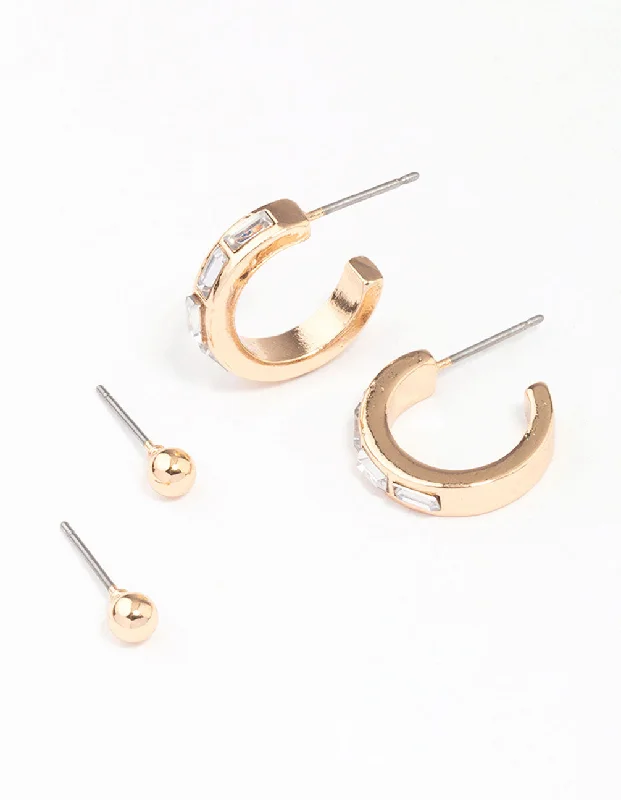 Silk cord earrings-Gold Rectangular Diamante Hoop & Stud Earring Pack