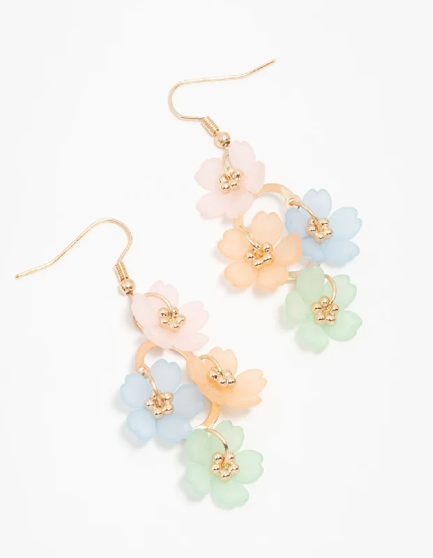 Dove feather earrings-Gold Multicoloured Frosted Flower Drop Earrings