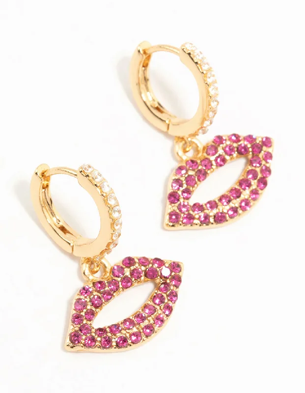 Wide statement earrings-Gold Plated Pink Diamante Lips Huggie Earrings