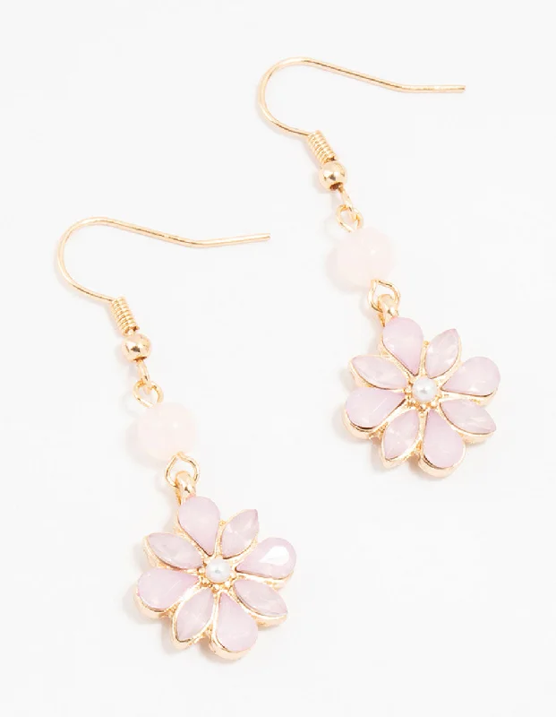 Baroque pearl earrings-Gold & Pink Beaded Diamante Flower Drop Earrings