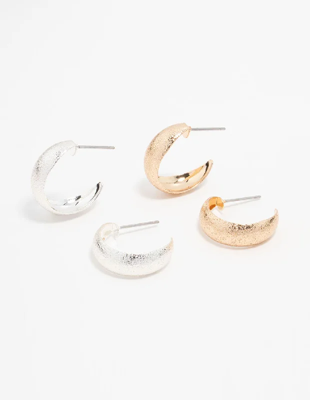 Crystal-twisted earrings-Mixed Metals Sandblast Hoop Earrings 2-Pack