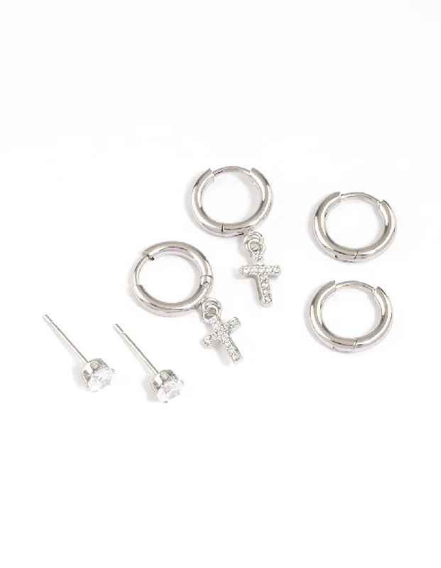 Deco style earrings-Surgical Steel Small Cross Huggie Earrings Pack