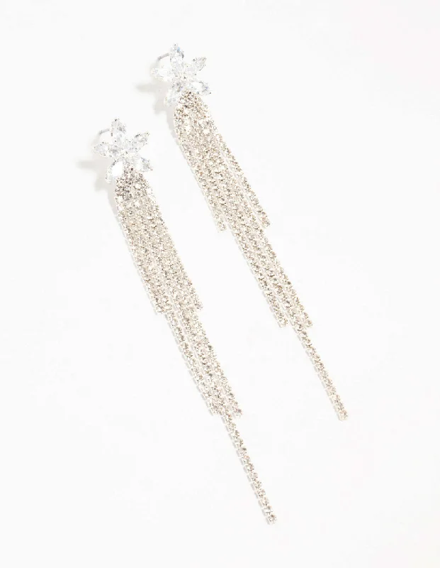 Half moon earrings-Diamante Floral Cup Chain Drop Silver Earrings