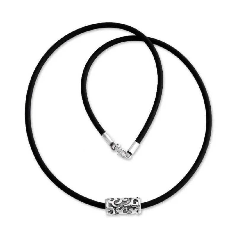 Polished bead necklaces-Handmade Sterling Silver Men's 'Tribal Scroll' Rubber Necklace (Indonesia)