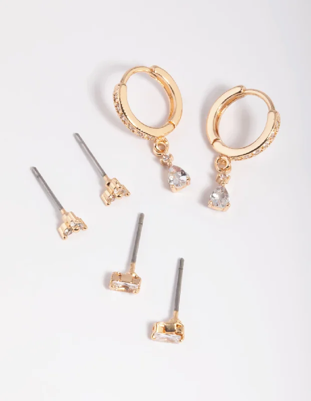 Patina brass earrings-Gold Cubic Zirconia Dainty Stud & Huggie Earring Stack Pack