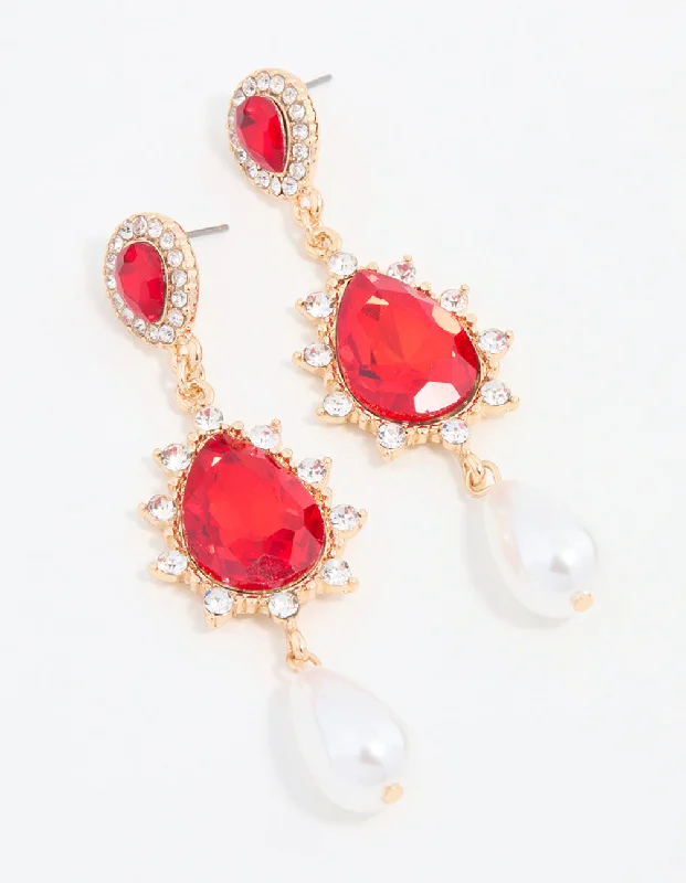 Sleek drop earrings-Red Diamante & Pearl Gold Drop Earrings