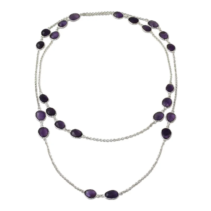 Linen cord necklaces-NOVICA Violet Princess, Amethyst long station necklace