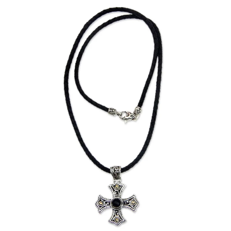 Braided link necklaces-NOVICA Enlightenment, Men's onyx cross pendant necklace