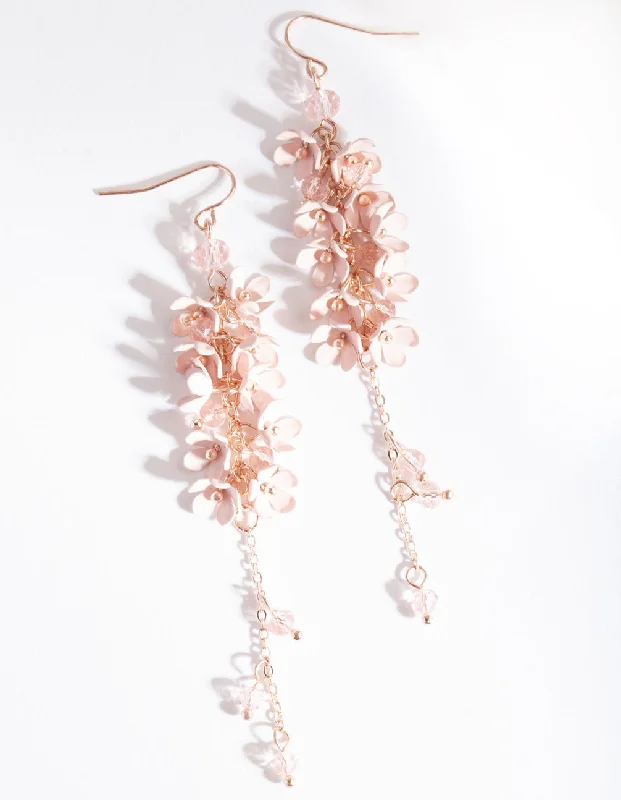 Flat badge earrings-Rose Gold Pink Flower Cluster Drop Earrings