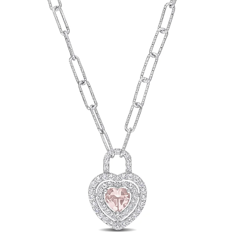 Thin filigree necklaces-Miadora 1 3/8ct TGW Morganite Created White Sapphire Heart Necklace Sterling Silver