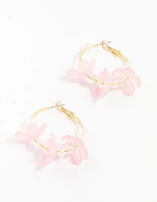 Layered drop earrings-Pink Diamante Beaded Flower Hoop Earrings