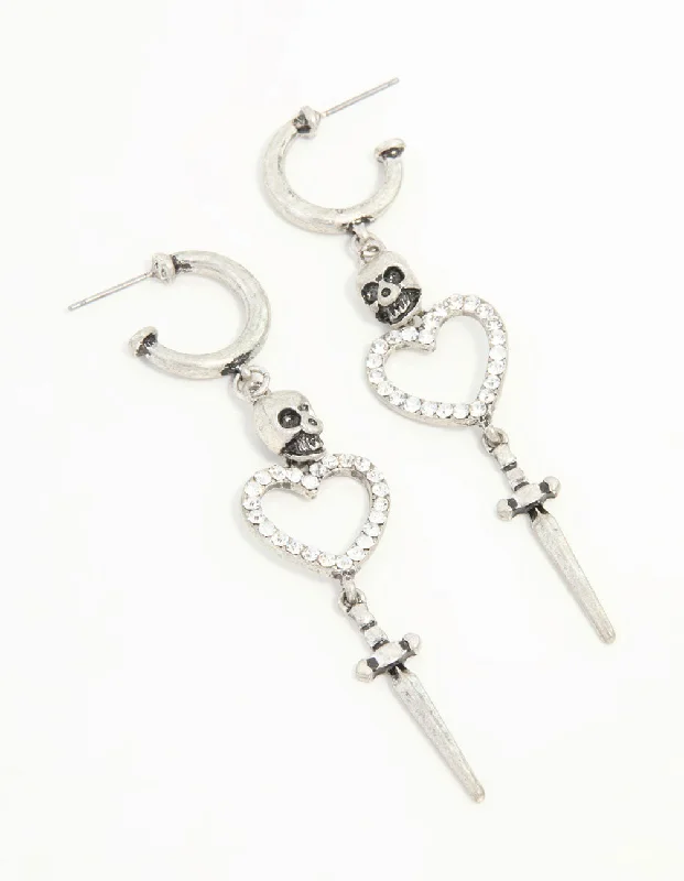 Topaz earrings-Antique Silver Heart & Skull Dagger Drop Earrings