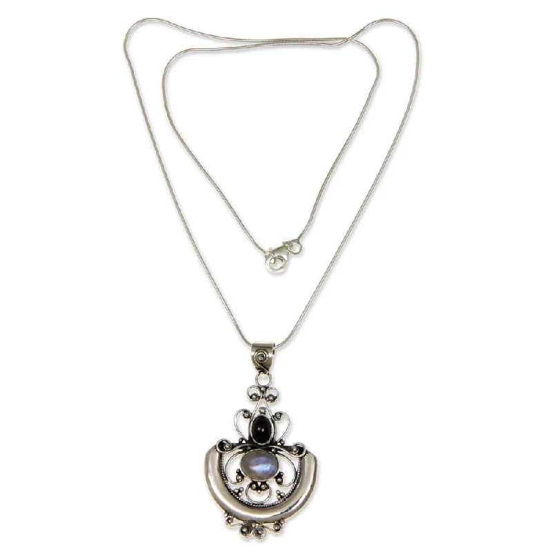 Pure crystal necklaces-Ornate Arabesque Cabochon Moonstone and Garnet Set in Openwork 925 Sterling Silver Womens Pendant Necklace (Indonesia) - White