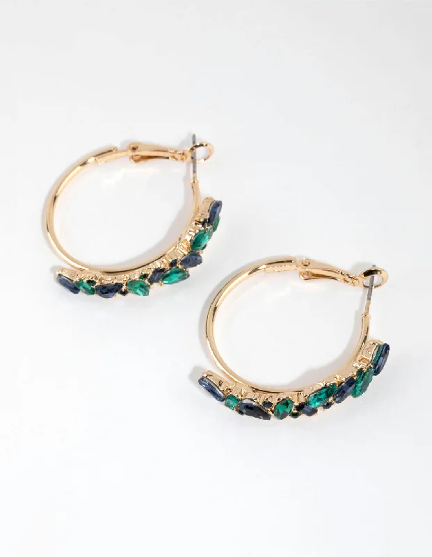 Twine bead earrings-Blue & Green Cluster Diamante Hoop Earrings