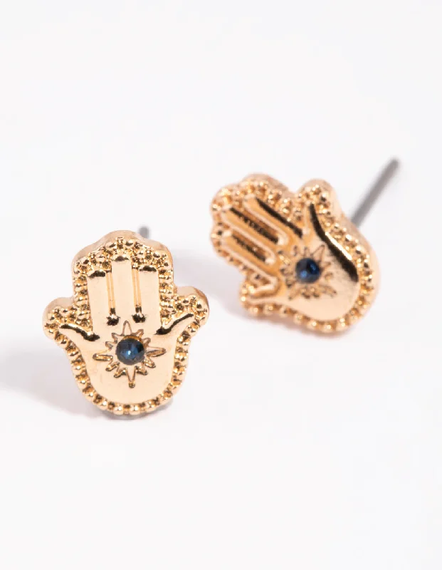 Textured disc earrings-Gold Hamsa Hand Stud Earrings