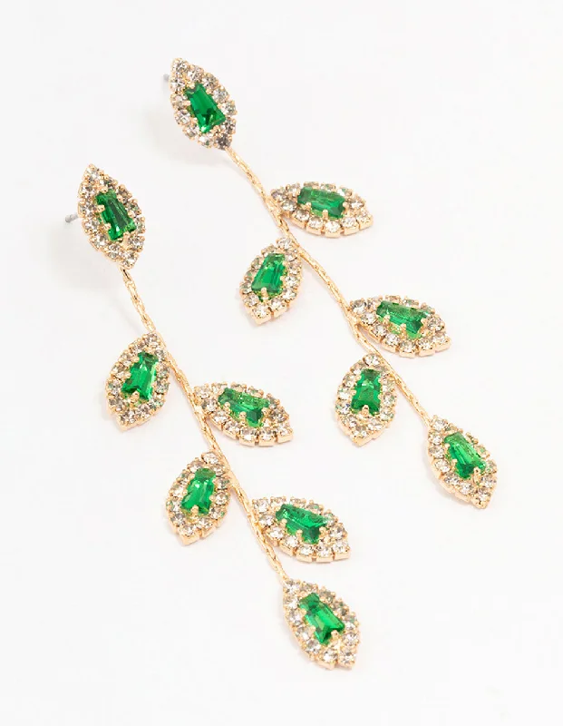 Thin threader earrings-Gold Green Diamante Leaf Drop Earrings