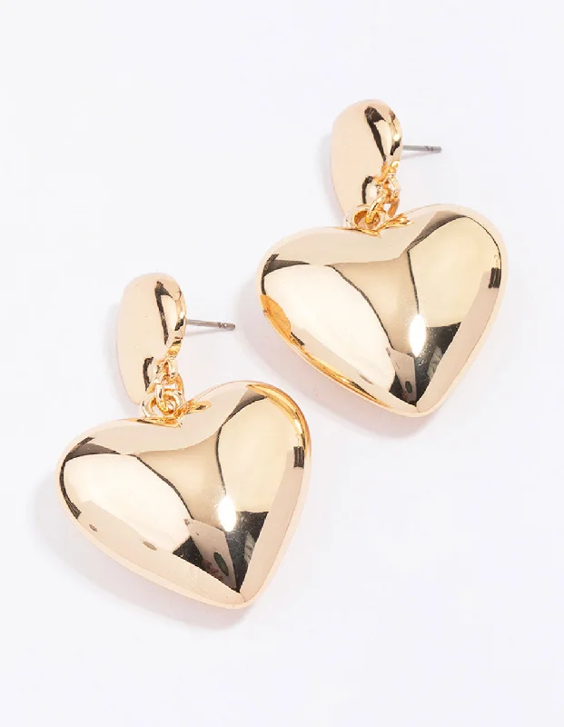 Light wood earrings-Gold Double Puffy Heart Drop Earrings