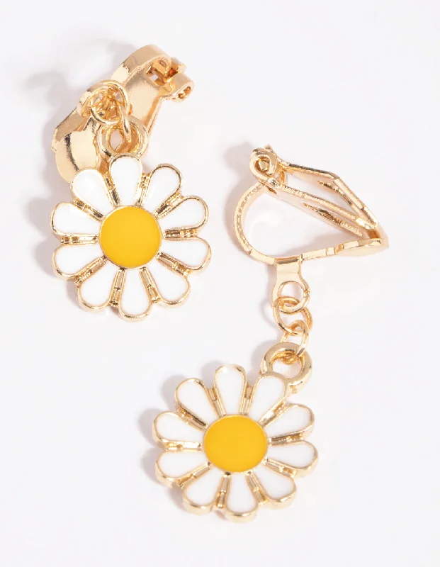 Smooth drop earrings-White Daisy Clip-On Earrings