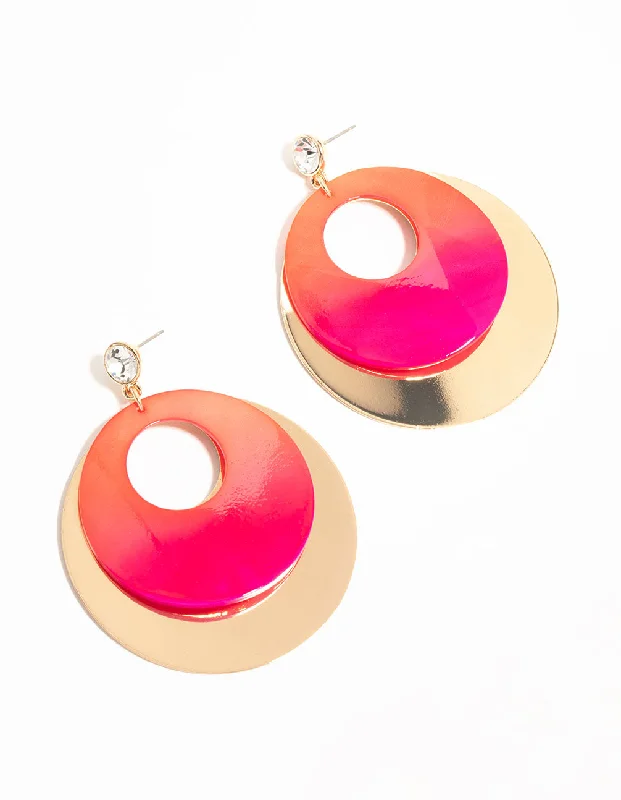 Two-tone earrings-Gold Pink Diamante &  Circle Drop Earrings