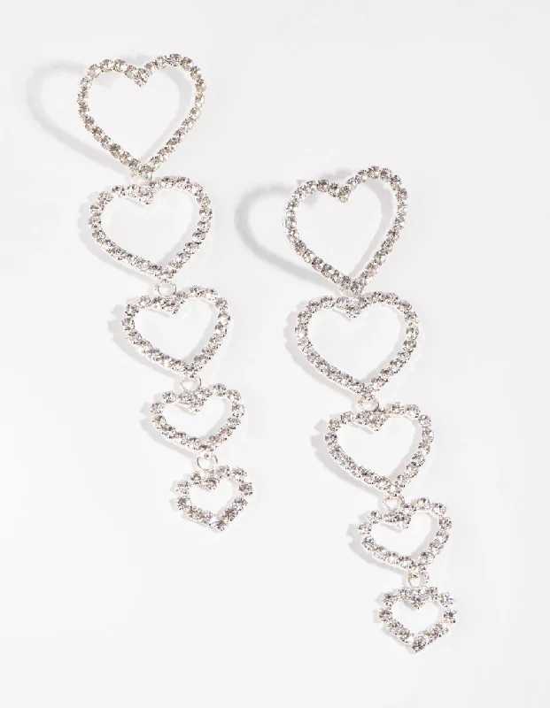 Silk cord earrings-Silver Graduating Heart Drop Earrings