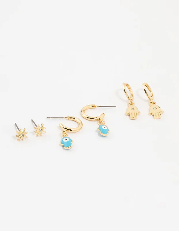 Bamboo style earrings-Gold Plated Hamsa Hand & Evil Eye Earrings 3-Pack