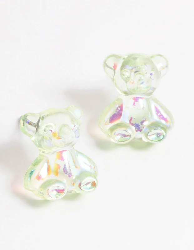 Lily motif earrings-Acrylic Green Candy Bear Stud Earrings