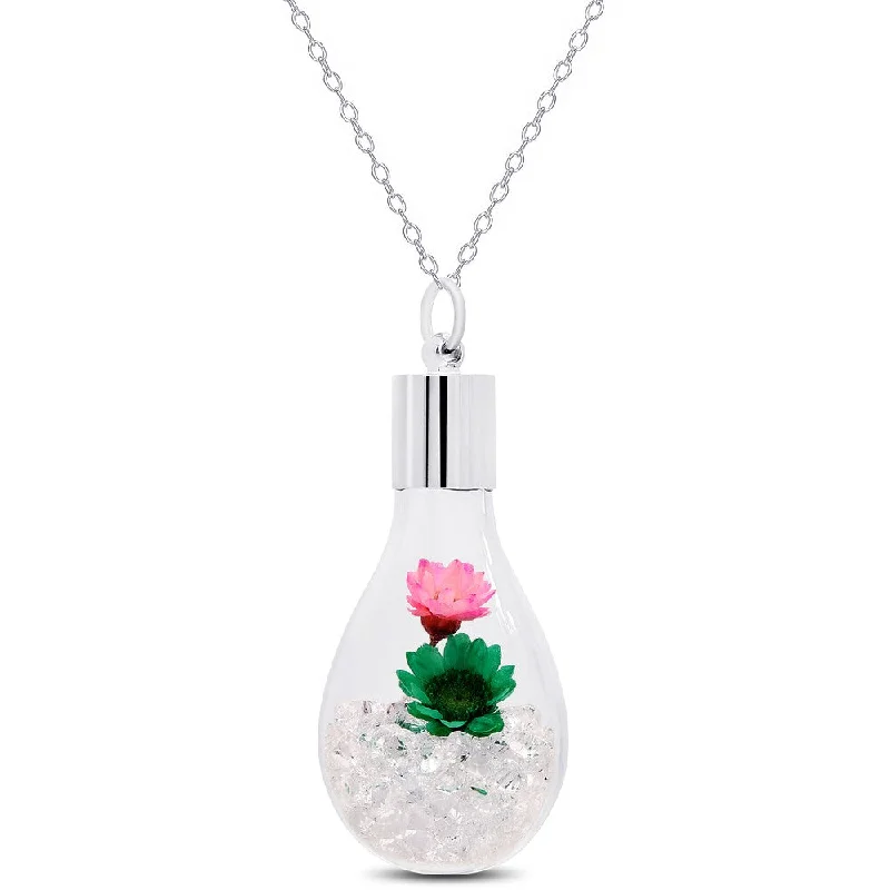 Wide bib necklaces-Dolce Giavonna Silvertone Crystal and Flower Filled Glass Jar Necklace