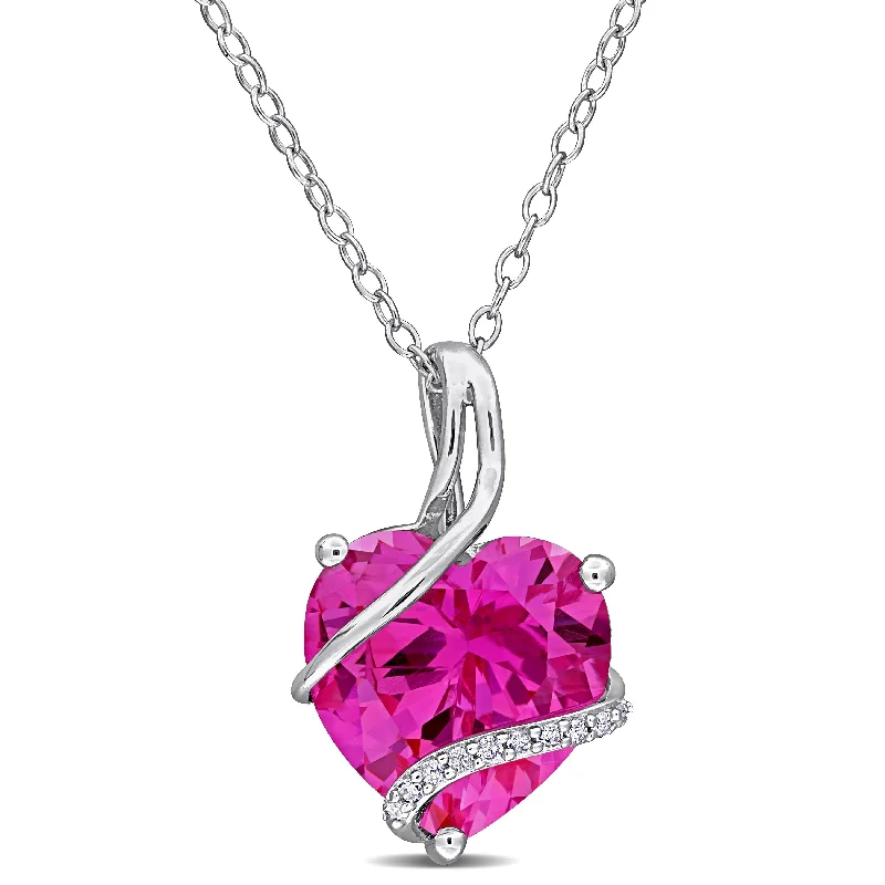 Coiled cord necklaces-Miadora 7 1/4 CT TGW Created Pink Sapphire and Diamond Accent Heart Necklace in Sterling Silver