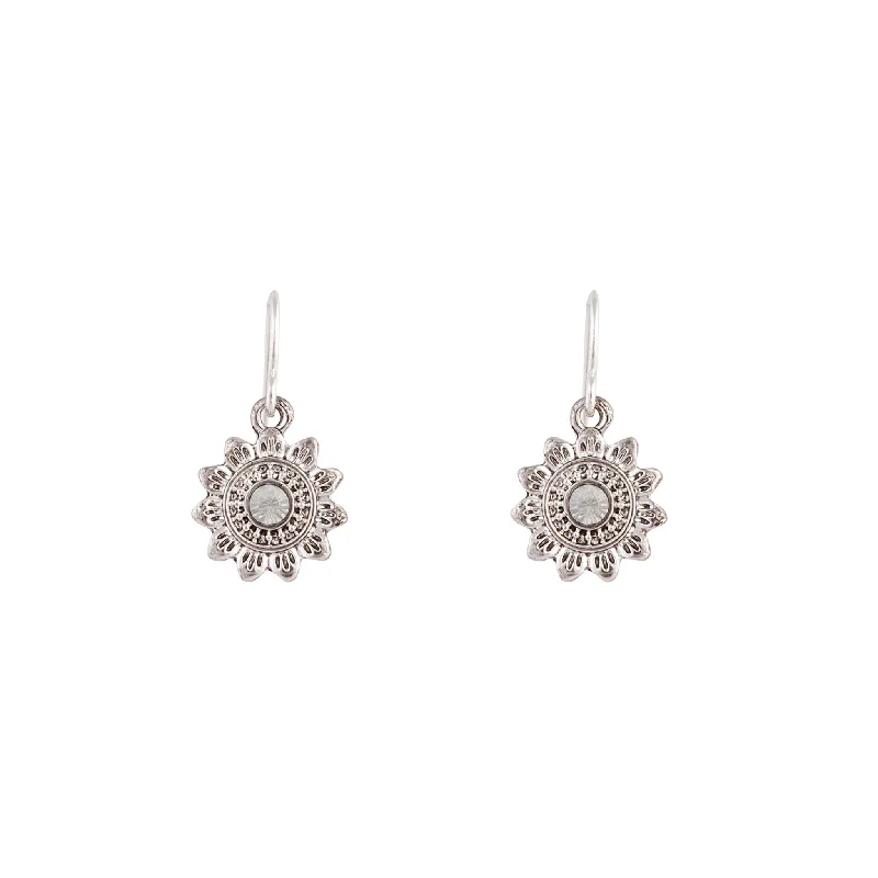 Deco style earrings-Antique Silver Sun Diamante Earrings