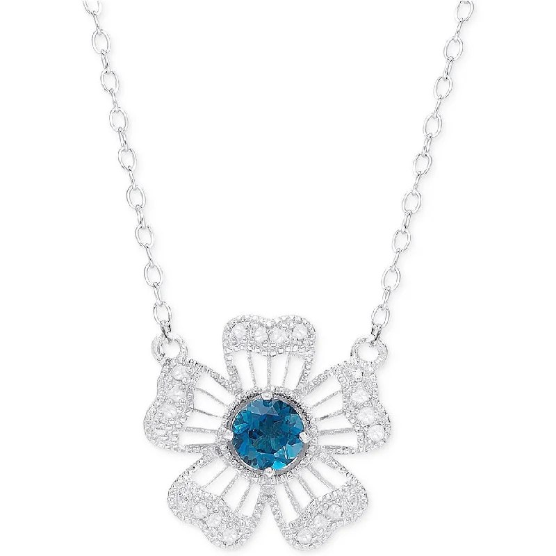 Chic art necklaces-Dolce Giavonna Sterling Silver London Blue Topaz and Diamond Accent Flower Necklace