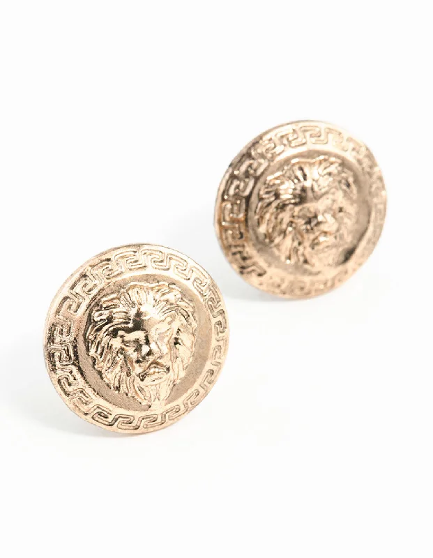 Fluid art earrings-Antique Gold Lion Stud Earrings