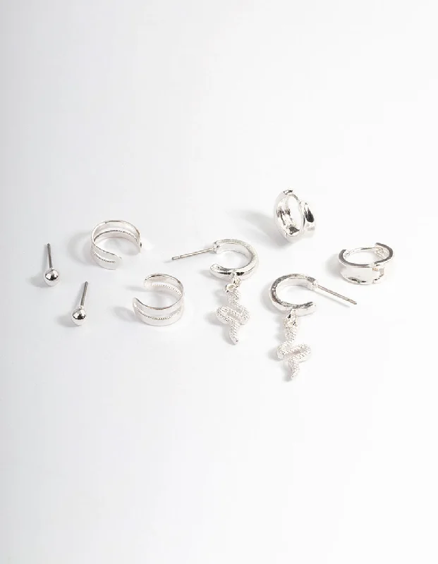 Thick hoop earrings-Silver Snake Hoop Earrings 4-Pack