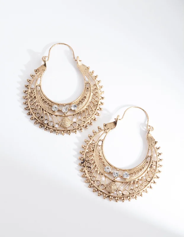 Light clay earrings-Antique Gold Detailed Hoop Chandbali Earrings