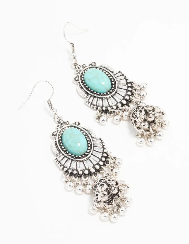 Thin hoop earrings-Antique Silver Turquoise Drop Earrings