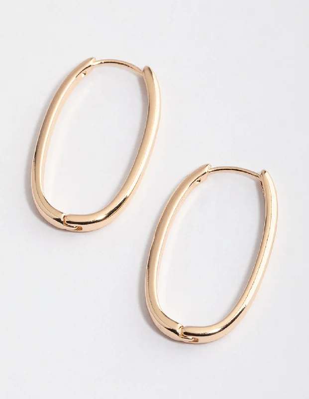 Flat badge earrings-Gold Long Skinny Oval Hoop Earrings