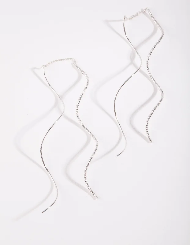 Tiny wing earrings-Silver Double Wave Thread Through Earrings