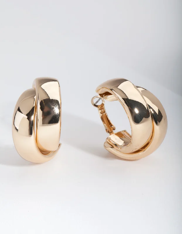 Wide statement earrings-Gold Thick Double Hoop Earrings