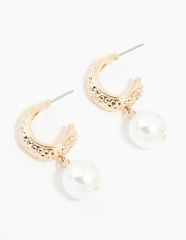 Polished bead earrings-Gold Textured Pearl Drop Earrings