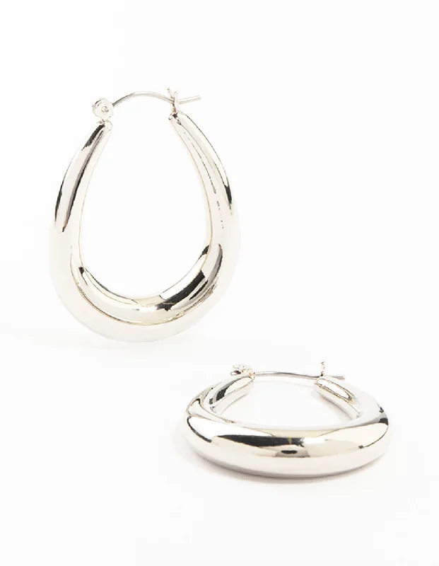 Bead weave earrings-Silver Narrow Teardrop Hoop Earrings