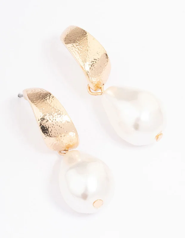 Petal hoop earrings-Gold Warped Hoop Pearl Drop Earrings