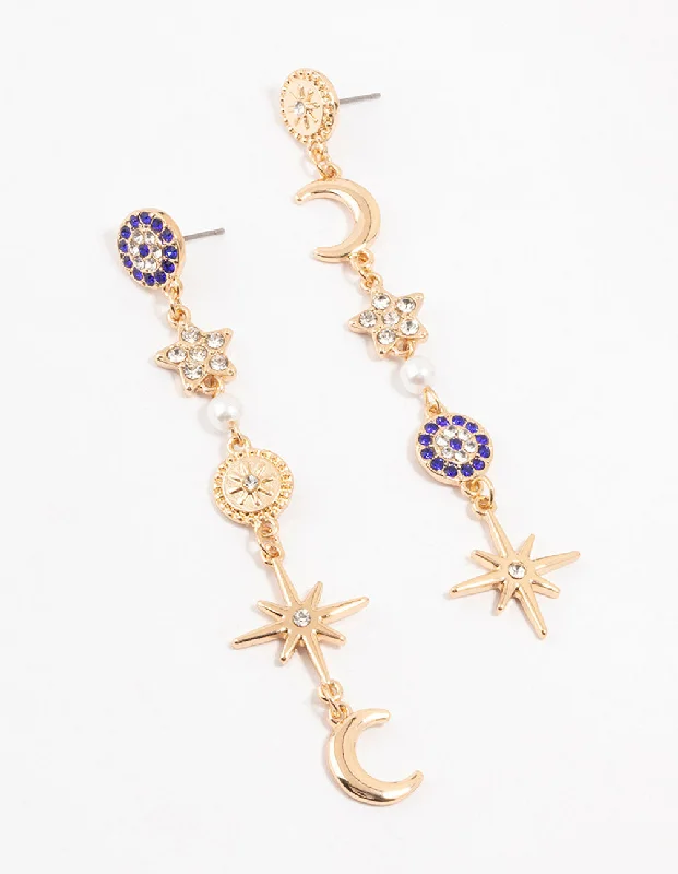 Alloy metal earrings-Gold Celestial & Dark Blue Evil Eye Drop Earrings