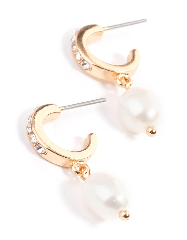 Subtle dangle earrings-Gold Diamante & Freshwater Pearl Drop Huggie Earrings